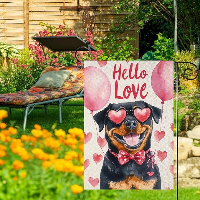 Valentine's Day Rottweiler Hello Love Garden Flag, House Yard Plaid Love Heart Outside Decoration, Spring Holiday Wedding Anniversary Outdoor Small Decor 12x18(12635)