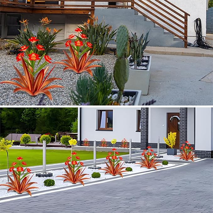 TOMBABY Huge Metal Agave Plants Outdoor Decoration Outdoor Garden Decorated with Flowers Mexican Yard Art Plant Garden Gift (2 Big red)
