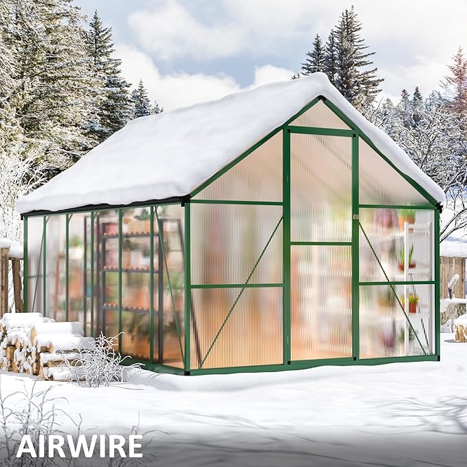 8x12 FT Greenhouse for Outdoors, Quick Setup Polycarbonate Greenhouse for Outside with Roof Vent, Aluminum Large Walk-in Green House for Garden Backyard, Green