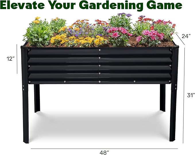Galvanized Raised Garden Beds Outdoor with Legs // 48×24×31in Elevated Planter Box for Vegetables, Flowers (Black) // Large Metal Garden Bed for Backyard Patio Gardening