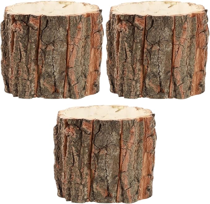 Yardwe 3Pcs Rustic Bark Design Wood Planters, Decorative Flower Pots Plant Containers for Home, Patio, Balcony, and Garden, 3.54X9.44X3.14Inch