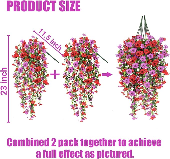 Artificial Fake Hanging Flowers Plants for Outdoor Outside Spring Summer Decoration 2PCS Faux Silk UV Resistant Realistic Mums Daisy with Eucalyptus for Home Porch Patio Balcony(Red & Magenta)