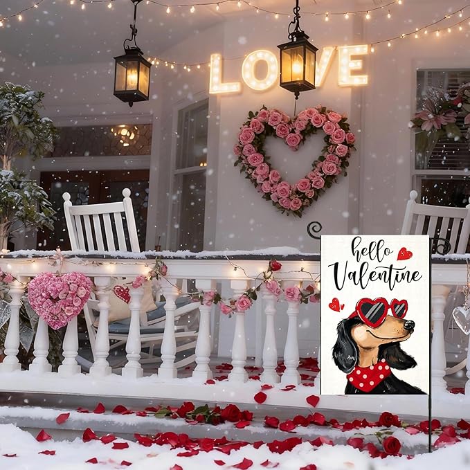 Hello Valentines Garden Flags 12x18 Inch Double Sided, Dachshund Dog with Love Sunglass Heart Small Seasonal Decoration for Holiday Anniversary Wedding Yard Outside Outdoor