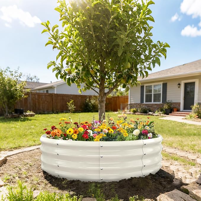4FT Diameter Galvanized Garden Raised Bed/Plant Box/Fire Pit Ring - 0.8mm Thick,12 Inch Tall,Perfect for Planting a Variety of Flowers,Herbs,Vegetables (Cream White, 48 Dia X 12inches)