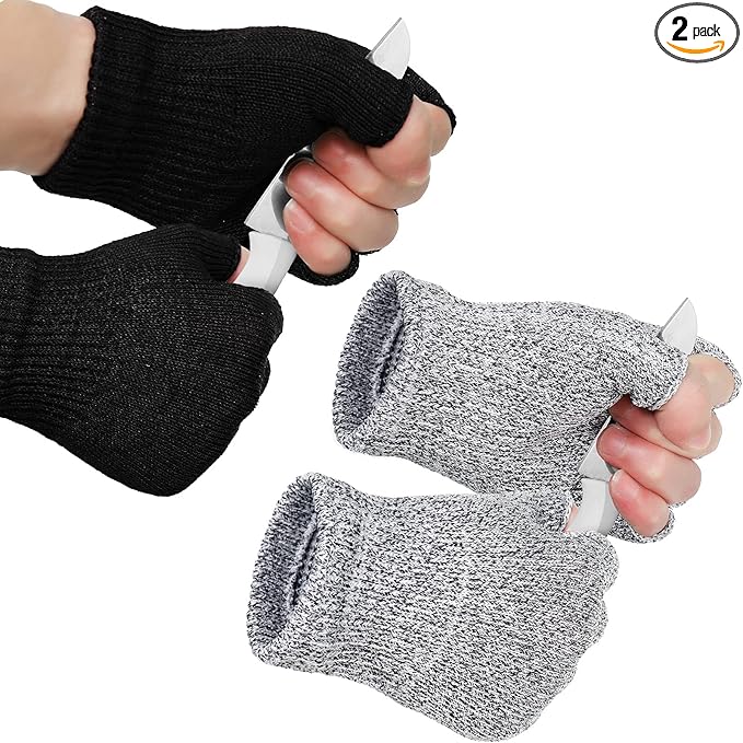 Geyoga 2 Pair Cut Resistant Half Finger Protection Gloves for Home Use (Grey and Black)