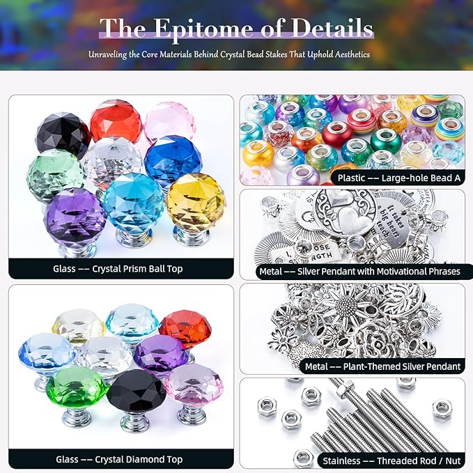 513Pcs DIY Beaded Garden Stakes, Fairy Wand Kit Garden Stakes Decorative with 18 Threaded Rod, Crystal Top, Large Holes Bead for Christmas Plants Garden Outdoor&Indoor Decorative（12IN）