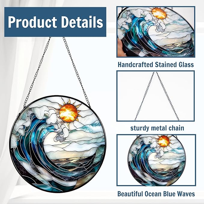 7.8'' Sea Stained Glass Window Hanging,Ocean Blue Waves Suncatcher for Window Hanging, Beach Lover Gifts, Beach Decor, Coastal Suncatcher, Gifts for Friends, Couples, Family, Colleagues