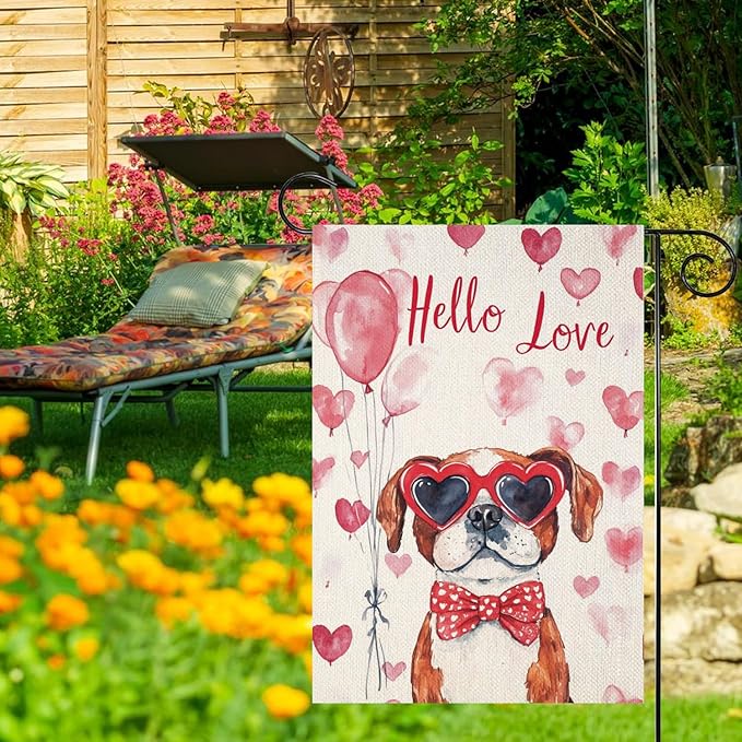 Valentine's Day Saint-Bernard Hello Love Garden Flag, House Yard Plaid Love Heart Outside Decoration, Spring Holiday Wedding Anniversary Outdoor Small Decor 12x18(12617)
