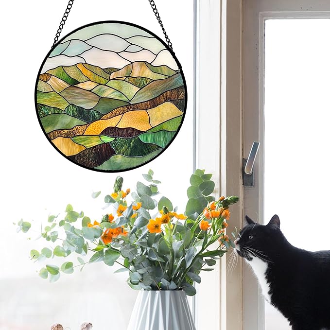 Stained Glass Window Hanging 4 Pcs Set Mountain River Landscape Large 15" - Suncatcher Door Garden Sun Catcher Decor Birthday Mother's Day for Mom Woman Nana Girl Boy Friend