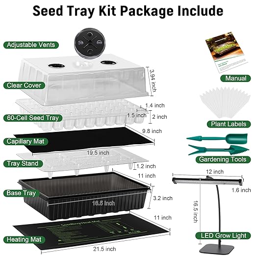 DazSpirit 60-Cell Self-Watering Seed Starter Kit with Grow Light and Heat Mat, Seedling Tray with Humidity Dome, Indoor Plant Germination Tray for Beginners - Grow Tomatoes, Peppers, Herbs & Flowers