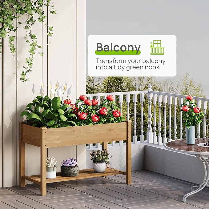 Raised Garden Bed, Planter Box with Storage Shelf, Elevated Wooden Planter Box with Legs, Garden Planter for Backyard, Patio, Balcony, Natural Wood (Brown, M)