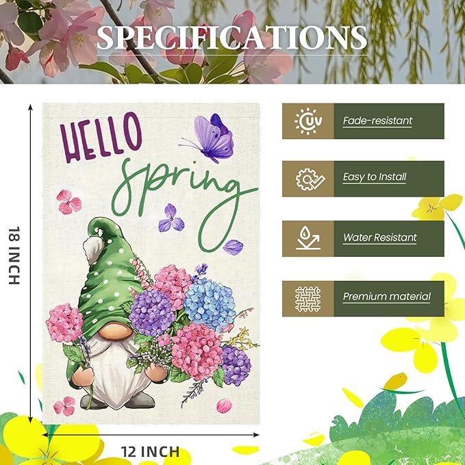 Hello Spring Garden Flag for Outside 12x18 Double Sided,Gnome with Hydrangeas Flowers Small Yard Flag, Summer Seasonal Decors for Outdoor Anniversary Wedding Farmhouse Holiday