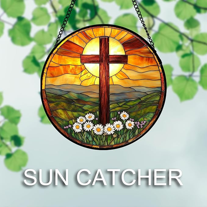 JOSUMALY Christian Gifts for Women - Cross Stained Glass Window Hanging Easter Daisy Natural Landscape Sun Catcher Garden Religion Decor Mother's Day Catholic Gift for Men Grandma Mom Her Nana 15"
