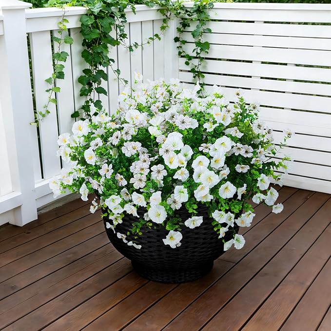 Hrobek Artificial Flowers for Outdoors Faux Plants Outside Indoor,Realistic UV Resistant Silk Fake Daisy Petunias for Home Patio Garden Back Yard Front Poch Decor Spring Summer(12 Bunches,White)