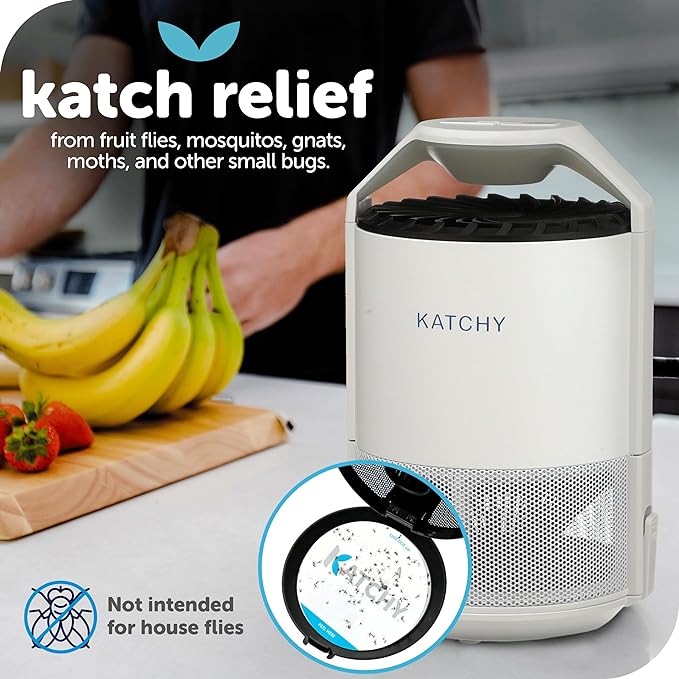 Katchy Indoor Fly Trap– Catcher & Killer for Mosquito, Fruit Fly, Gnat & Small Moth – Non-Zapper Trap with Fan Suction & Blue UV Light – Ideal for Indoor Spaces, Kitchen & Plants (Original, White)