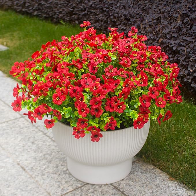 HIFORESTAR Red Artificial Outdoor Flowers 12 Bundles Silk Fake Daisy Plants Outside Realistic Garden Decor for Patio, Yard, and Landscaping (Red Daisy)