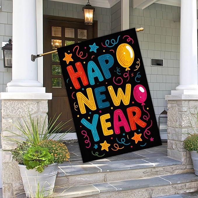 Happy New Year House Flag 28x40 Inch Double Sided Garden Flag Colorful Balloons Stars and Confetti Design Winter Holiday Yard Banner Large Outdoor Flag for Porch Lawn Home Decoration
