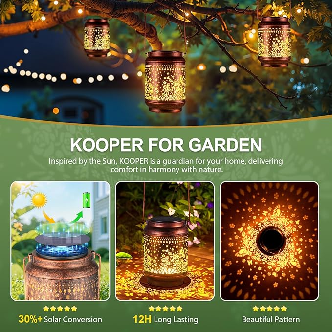 KOOPER Solar Lanterns Outdoor Waterproof Birthday Gifts for Women Mom Grandma, 2 Pack Upgraded Hummingbird Hanging Solar Lantern Lights Outdoor, Metal Outdoor Decoration for Yard (Butterfly and Rose)