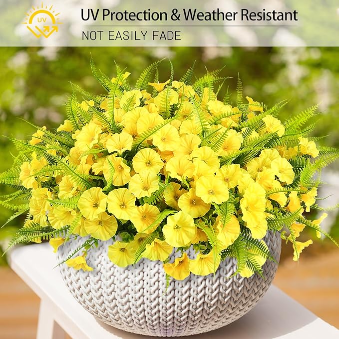HIAGROW Artificial Flowers Outdoors 12 Bundles Yellow Artificial Petunias Fake Flowers UV Resistant Shrubs Plants with Fern for Indoor Outside Hanging Planters Home Garden Summer Decorations