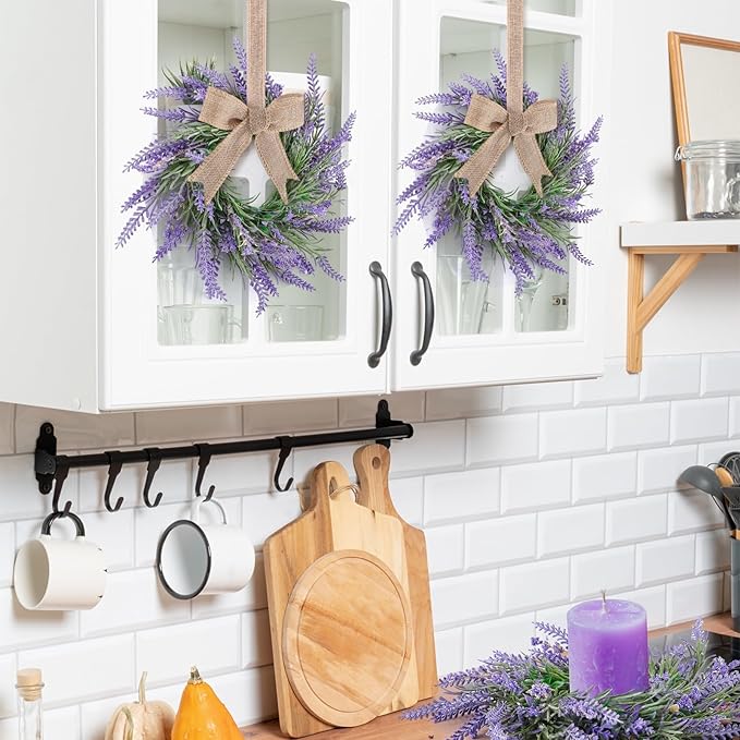 8 Pcs Pillar Candle Ring Wreaths Mini Purple Lavender Wreath Table Centerpieces 9 Inch Wreath for Cabinets Artificial Farmhouse Lavender Wreaths for Front Door Porch Wall Window