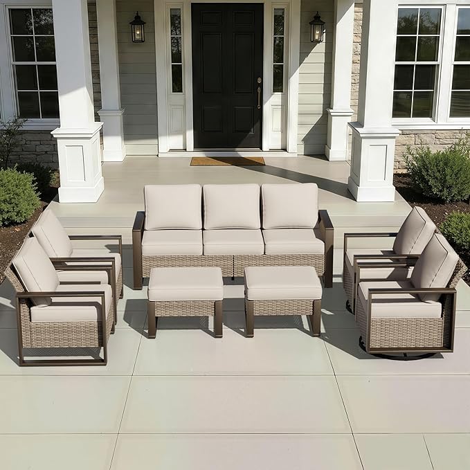 Joyside Outdoor Patio Chairs, 8 Pieces Wicker Rattan Furniture Set, 4 Patio Chairs, 1 Sofa, 2 Ottoman and 1 Table, Metal Wide Armrest, Thick Cushions and Deep Seating for Garden, Backyard, Porch