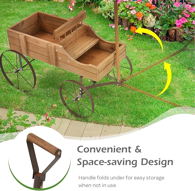 Giantex Decorative Garden Planter, Small Wagon Cart with Metal Wheels, Wood Raised Beds Plant Pot Stand for Backyard Garden Patio 24.5"x13.5"x24" (Natural)