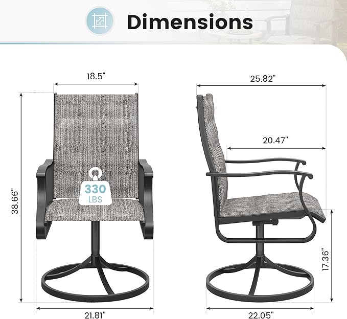Patio Swivel Chairs Set of 2, Outdoor Dining Chairs with High Back, 360° Swivel Rocker Chair in All-Weather Padded Textilene & Metal Frame for Garden, Porch, Backyard, Balcony(Padded Grey)