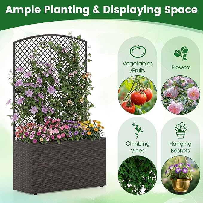 HAPPYGRILL Raised Garden Bed with Trellis, 49" Wicker Planter Box w/Privacy Screen, Liner, Drainage for Patio Balcony, Outdoor PE Rattan Elevated Garden Bed for Climbing Plant Vine Flower (Brown,2)