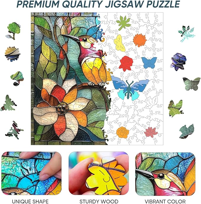 Qiuenisray Wooden Puzzles for Adults, Stained Glass Hummingbird Puzzle 200 Piece, FSC Certified Unique Animal Shape Wood Puzzles, Bird Jigsaw Puzzles for Family Friend 11.2x11.2 in