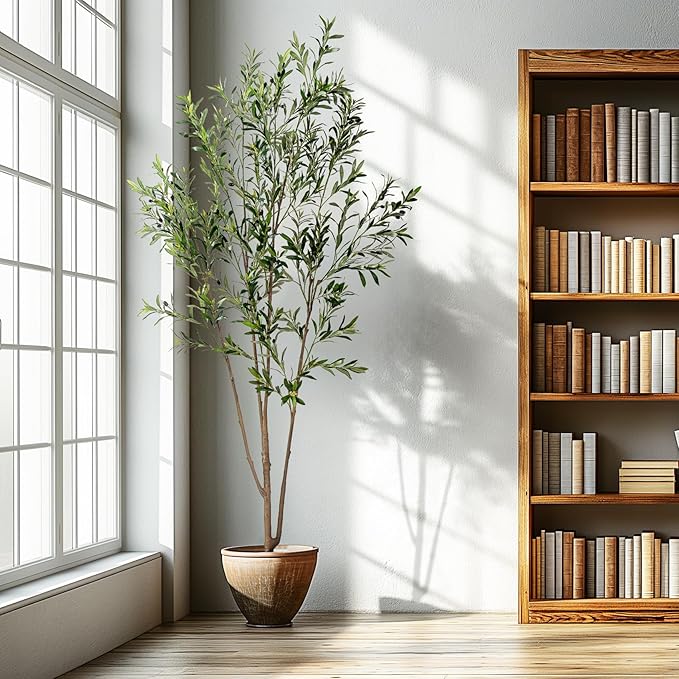 Erimda 8FT Artificial Olive Tree Tall Faux Silk Plant Tall Faux Olive Tree with Natural Wood Trunk & Lifelike Fruits Fake Potted Tree or Home Office Decor