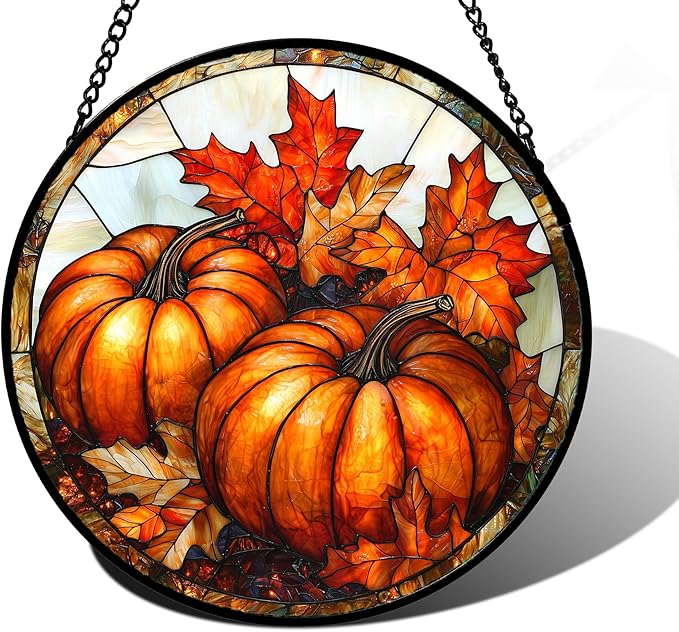 DASTOLL Stained Glass Window Hanging, Pumpkin Maple Leaf Suncatcher for Doors Home Sun Catchers Decoration and Christmas, Mother's Day Birthday Gifts for Women, Men, and Mom 7.8 in