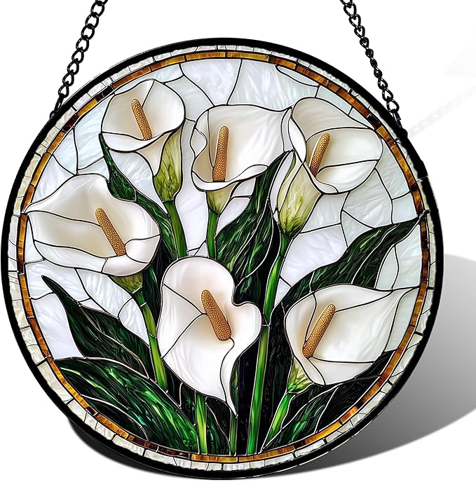 DASTOLL Stained Glass Window Hanging, White Calla Lily Flowers Sun Catchers Glass Panel Plant Suncatcher Decor for Birthday for Women, Men, Wife, Aunt, and Mom 14.9x14.9 in