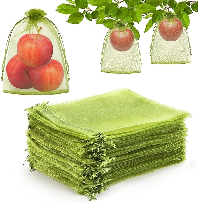 DECYOOL 60 PCS Fruit Protection Bags 6 x 8 inch, Green Fruit Bags for Fruit Trees Fruit Netting Cover Drawstring Mesh Bags Suit for Mangoes Tomatoes Fruit Trees Veggies Garden