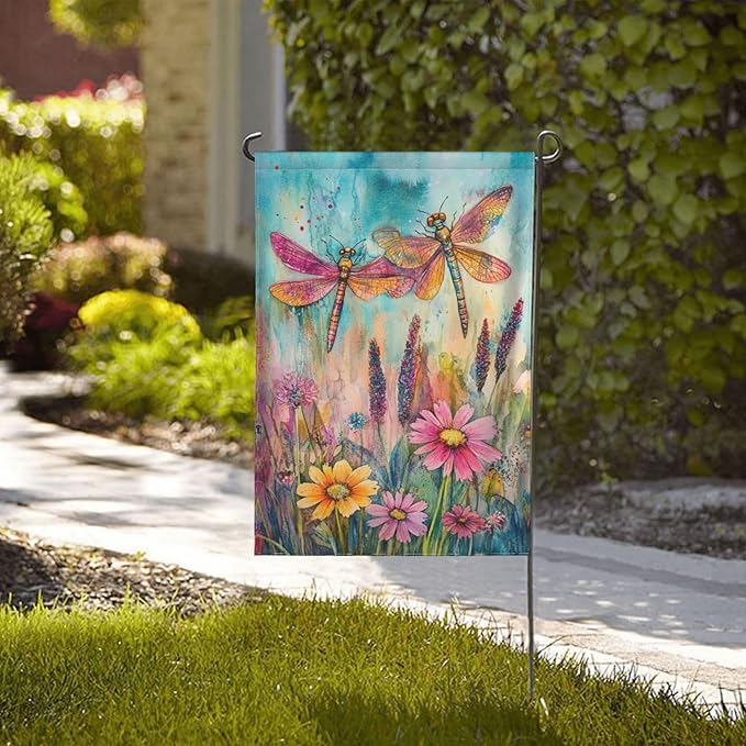 Dragonflies And Plant Garden Flag 12x18 Inch Double Sided All-Weather Polyester Outdoor Flag For Patio Lawn Yard And Garden Welcome Decor