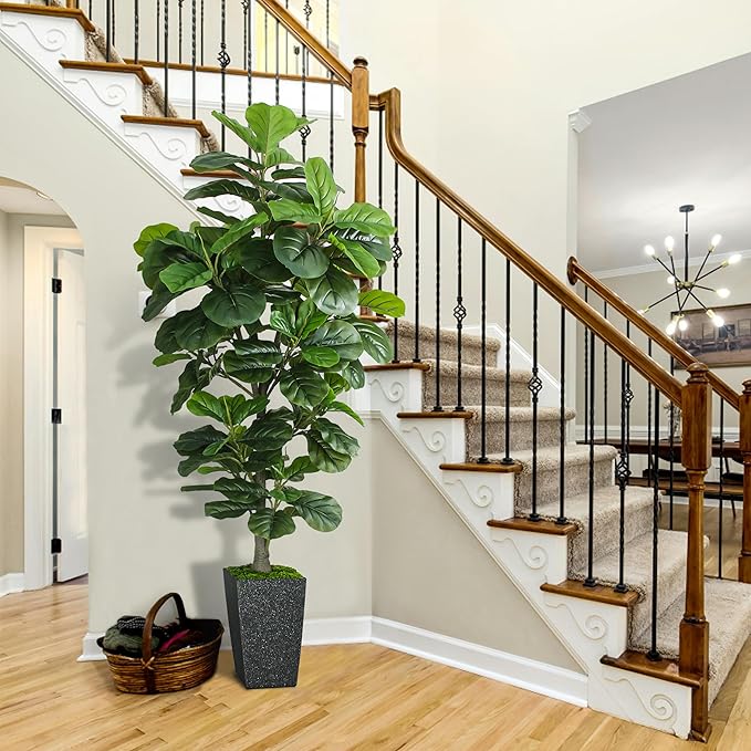 KOPWVA Artificial Fiddle Leaf Fig Tree 6ft, 6 Feet Large Tall Fake Plants Indoor with Modern Style Planter, Artificial Silk Tree for Home Office Living Room Decor Indoor, More Lifelike & Lush (Black)