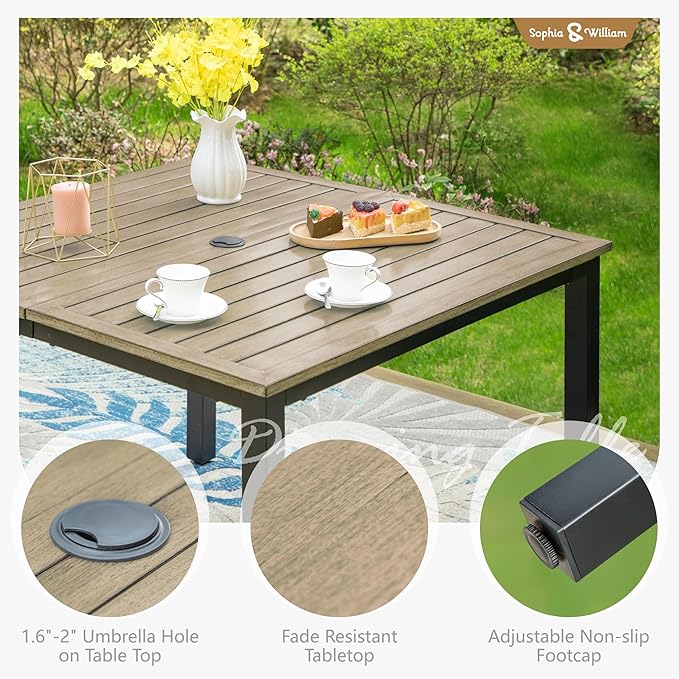 Sophia & William 42" Metal Patio Table, Steel Slatted Square Outdoor Dining Table with 1.57"-1.9" Adjustable Umbrella Hole, Outdoor Furniture Bistro Yard Garden Table with E-Coating, Brown