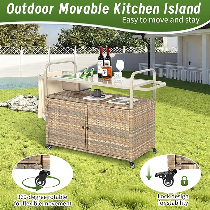 Outdoor Bar Cart with Cabinet, 51.57" Patio Serving Cart with Steel Top, Built-in Ice Bucket, Side Basket & Lockable Wheels for Garden, Backyard & Poolside, Beige