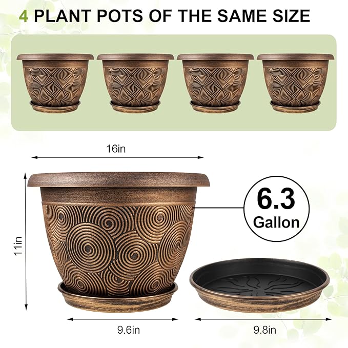 Fodetyff 16 Inch Large Planter Pot for Plants Indoor Outdoor, 4 Pack Plastic Flower Pots with Drainage Hole & Tray, Modern Decorative Garden Pot with Saucer, Plant Container for House