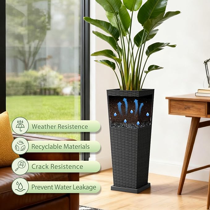 Set of 2 Tall Plastic Planters with Saucer, 32 Inch Height Pots with Drainage Trays, Black