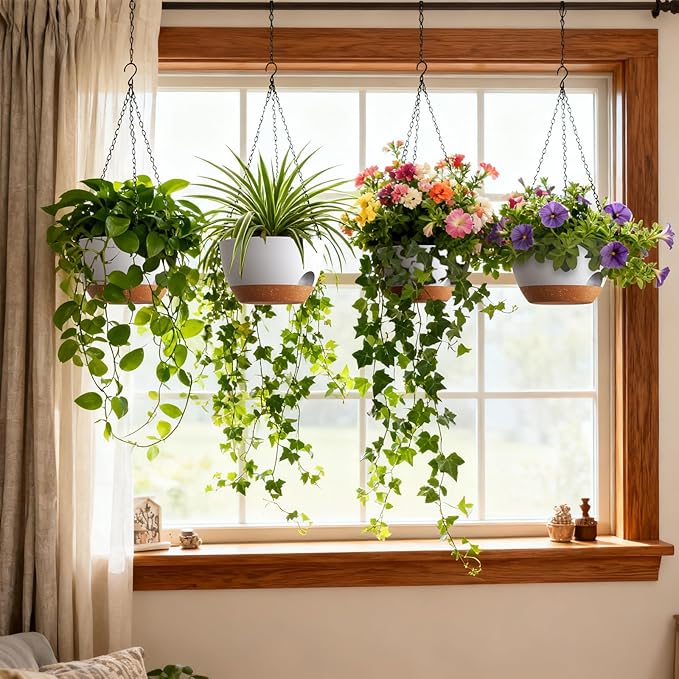 UOUZ 4 Pack 8 Inch Self Watering Hanging Planters for Indoor Outdoor Plants，Hanging Pots for Plants with Drainage Removable Tray, Hanging Baskets Flower Pots for Pothos Garden Porch White with Brown
