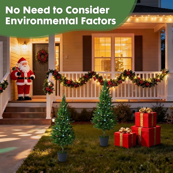 2 Packs of Fake Cypress Plants with Lights, 4FT Artificial Cedar Pruning Tree, with Flowerpot, UV Resistant Artificial shrubs, Suitable for Outdoor and Indoor Front Porch Gardens