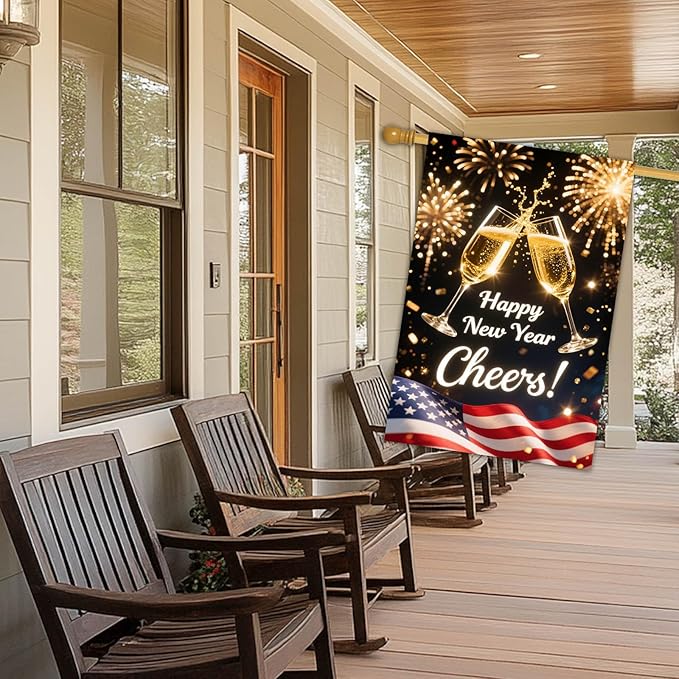 Happy New Year House Flag 28x40 Inch Double Sided Garden Flag Cheers Champagne Glasses and American Flag Design Winter Holiday Yard Banner Large Outdoor Flag for Porch Lawn Home Decoration