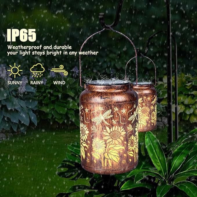 2 Pack Solar Light, Outdoor Lanterns for Patio Waterproof , Dragonfly Sunflower Outdoor Solar Lanterns for Porch, Yard, Deck, Lawn, Backyard, Patio, Tabletop, Pathway