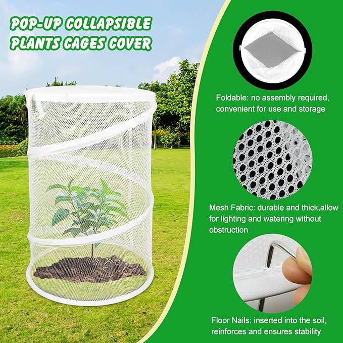 Zofylux 4 Pcs Pop Up Plant Cover Net,19”x 14”Round Foldable Plant Covers,Garden Plant Protectors with 16 Pcs Ground Stakes,Garden Mesh Covers for Outdoor and Indoor Plants