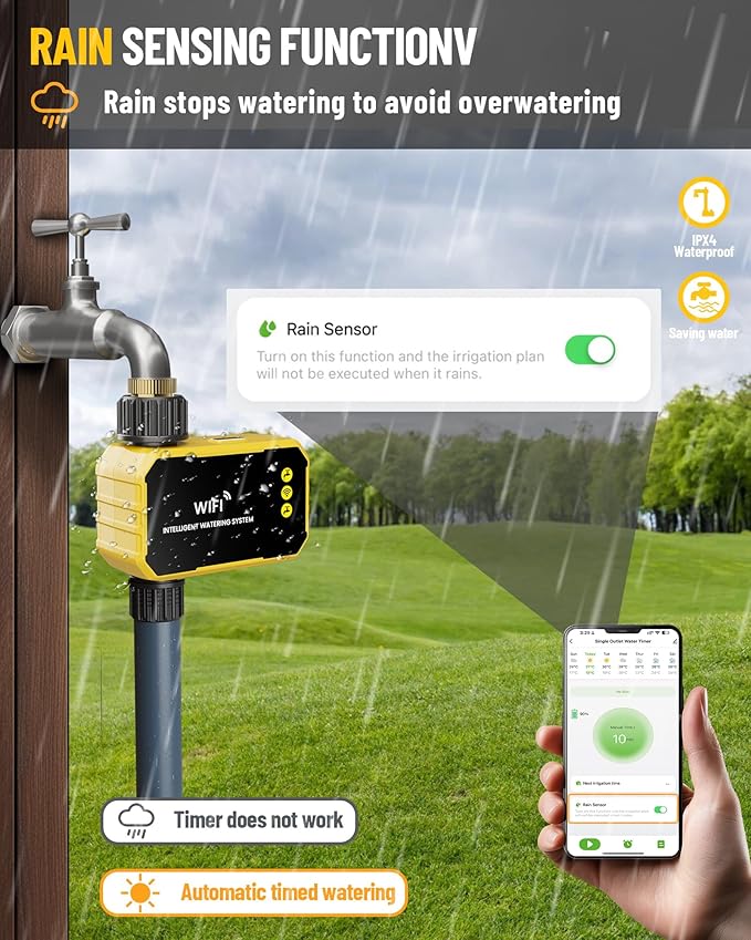 WiFi Water Timer with Brass Inlet No Need Gateway, Smart Hose Timer WiFi Sprinkler for Garden Hose, APP Remote Control Via 2.4Ghz WiFi Voice Control with Alexa and Google Assistant