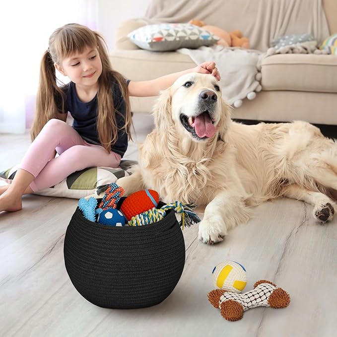 Black Woven Storage Basket, 11" x 9" Indoor Plant Basket for Decor, Decorative Small Cotton Rope Bin for Organizing Pet Toy, Gifts, Towel, Cloth, Socks, Wicker Planter Holder, Modern Shoe Bin