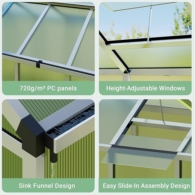 6X10 FT Greenhouse for Outdoors, Walk-in Greenhouse Kit with Aluminum Frame, Polycarbonate Panels, Adjustable Roof Vent, Sliding Door, Secure Lock for Outside Garden, Patio, Backyard