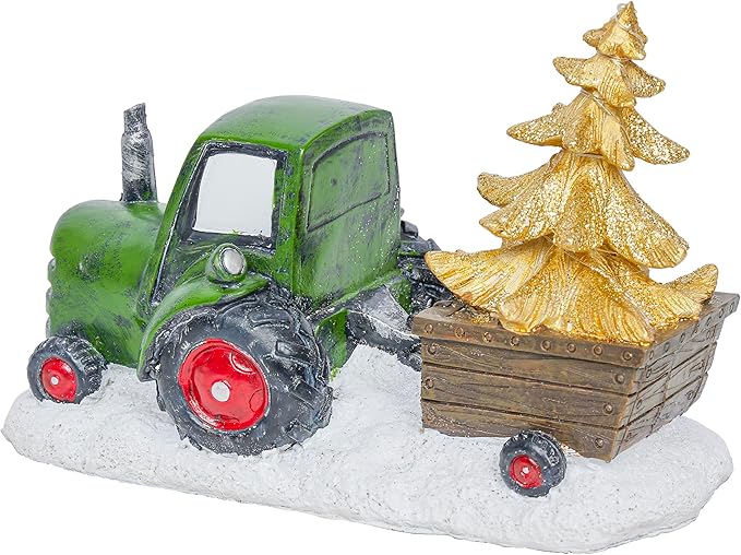 Alpine Corporation 7" Tall Holiday Green Tractor Pulling Gold Tree Statue with Warm White LED Lights, Christmas Decoration for Tabletop, Shelf, Mantel, or Entryway Display