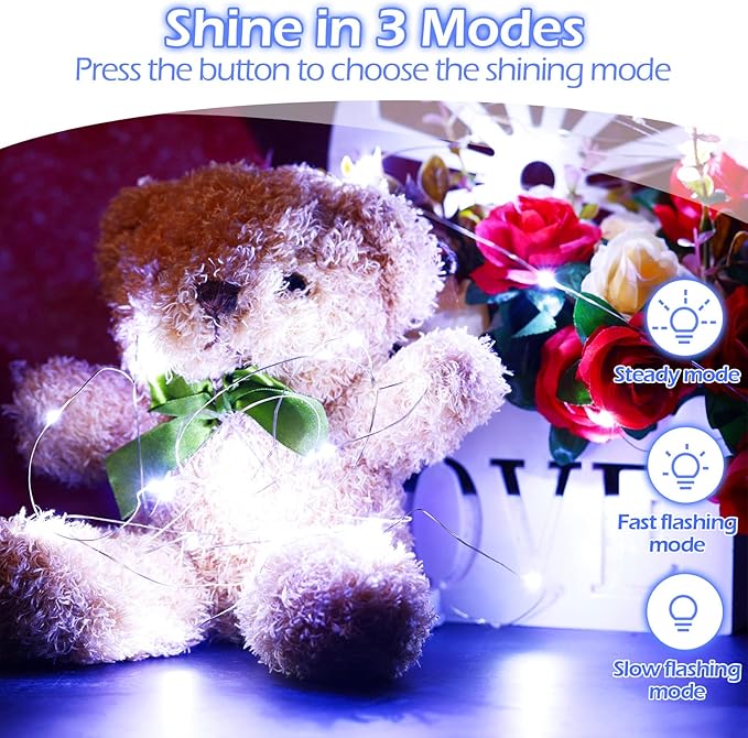 Hortsun 100 Packs Fairy Lights Battery Operated 3 Speed Modes, 7 Ft/ 2 M 20 LED Battery String Mini Waterproof Wire Twinkle Lights Bulk for Wedding Party Birthday Vases Decor (Cool White)