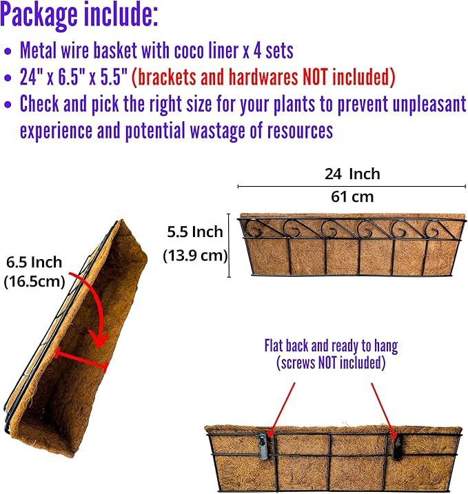 LaLaGreen Wall Mounted Planters - 24 Inch, 4 Pack Window Flower Boxes Basket Outdoor, Balcony Planter Over The Rail, Deck Railing Hanging with Coco Liners, Metal Horse Troughs Fence Patio Porch